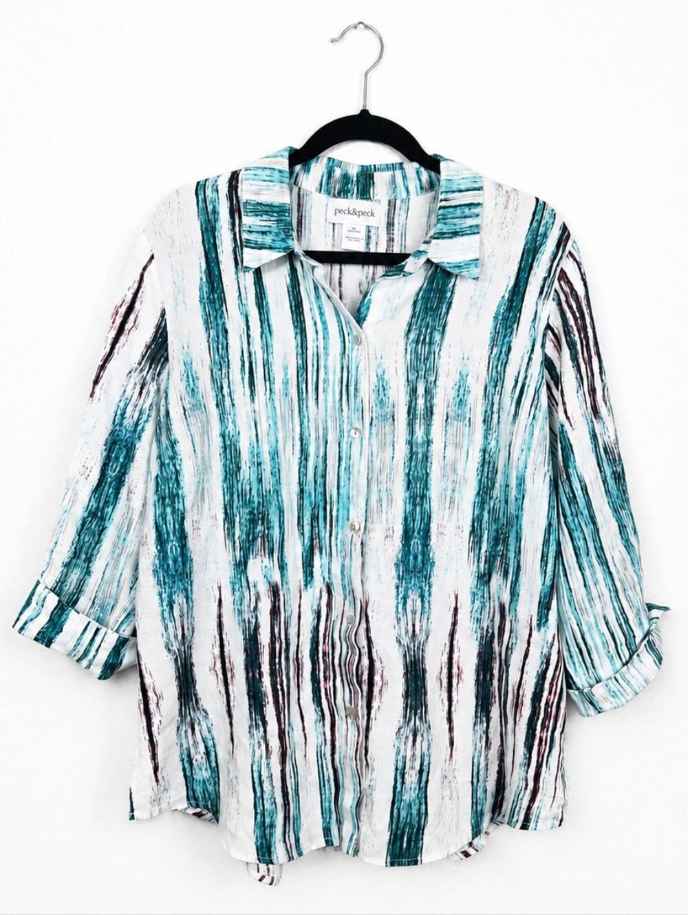 Peck & Peck 100% Linen Stripe Button Front Roll Tab Shirt XL Coastal Boho
